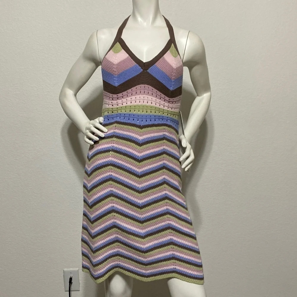 Pink Rose NEW Chevron Pattern Indie Sleaze Hippie Retro Crochet Knit Dress- L